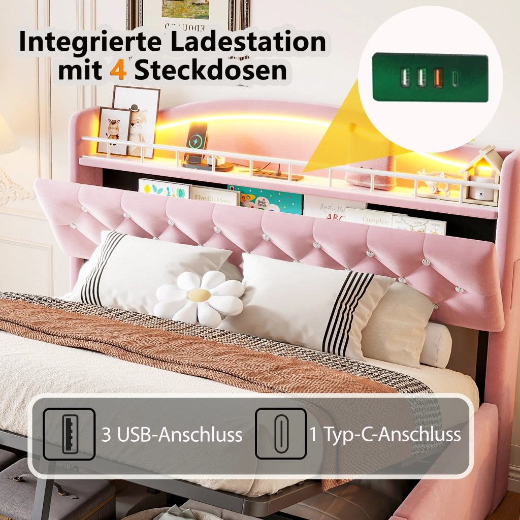 Letto imbottito matrimoniale 140 × 200 cm con contenitore idraulico, USB, USB-C et LED, senza materasso, rosa