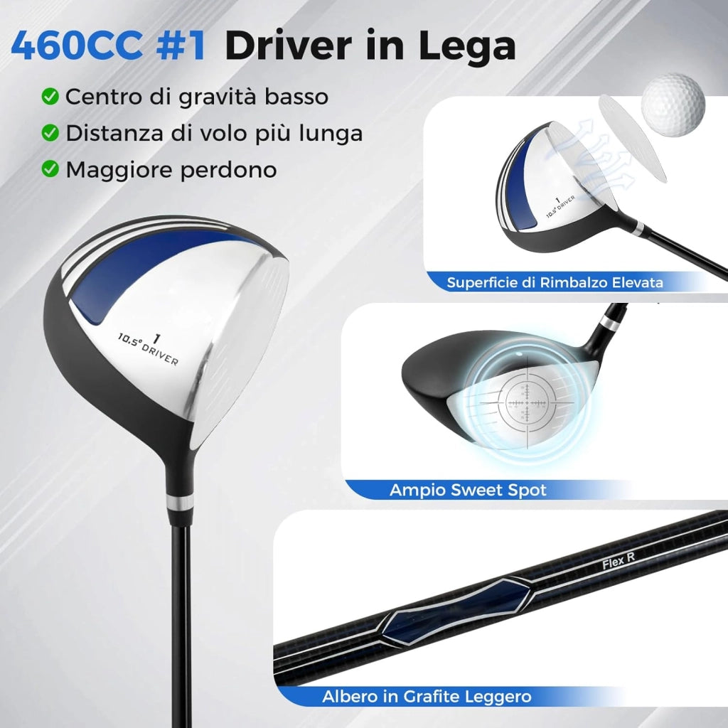 Set Completo di Mazze da Golf per Destri da Uomo, con Driver da 460 cc, Legno da Fairway 3, Ibrido 4, Ferri 6 7 8 9, P, Putter e Borsa per mazze da golf