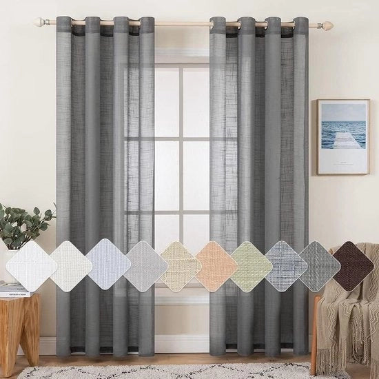 Set di 2 tende da finestra trasparenti con occhielli stoffa lino 140 x 225 cm (grigio scuro)