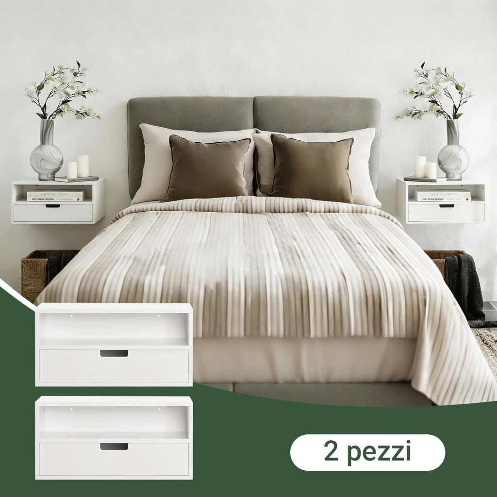 Set di 2 Comodino Sospeso - Mensola da Parete Salvaspazio con Cassetto e Ripiano Aperto, Tavolino da Letto per Camera da Letto, L45 x P25 x A22 cm, Bianco, NKD03-Wx2