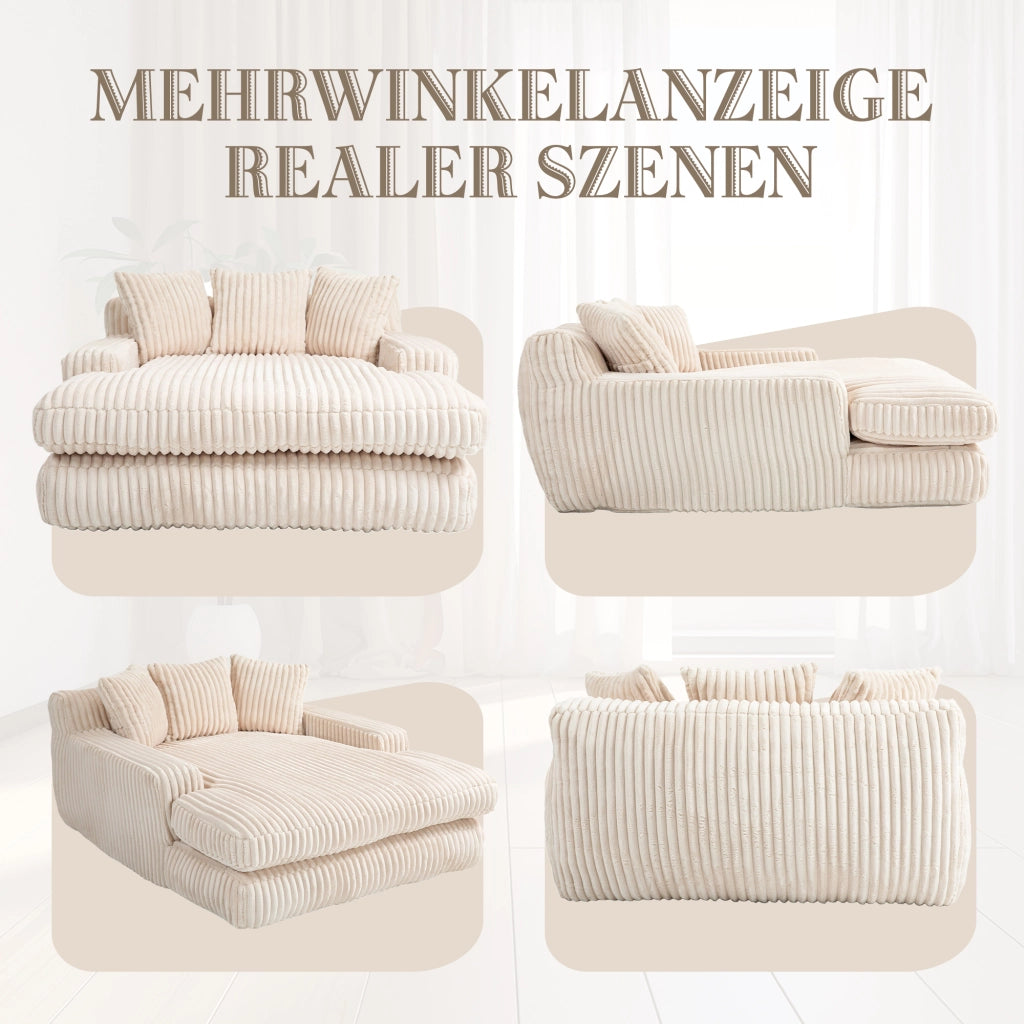 Chaise Longue Interna 1 Posto con 3 Cuscini; Divano da Pavimento Ergonomico Comfort; in Velluto a Coste Beige