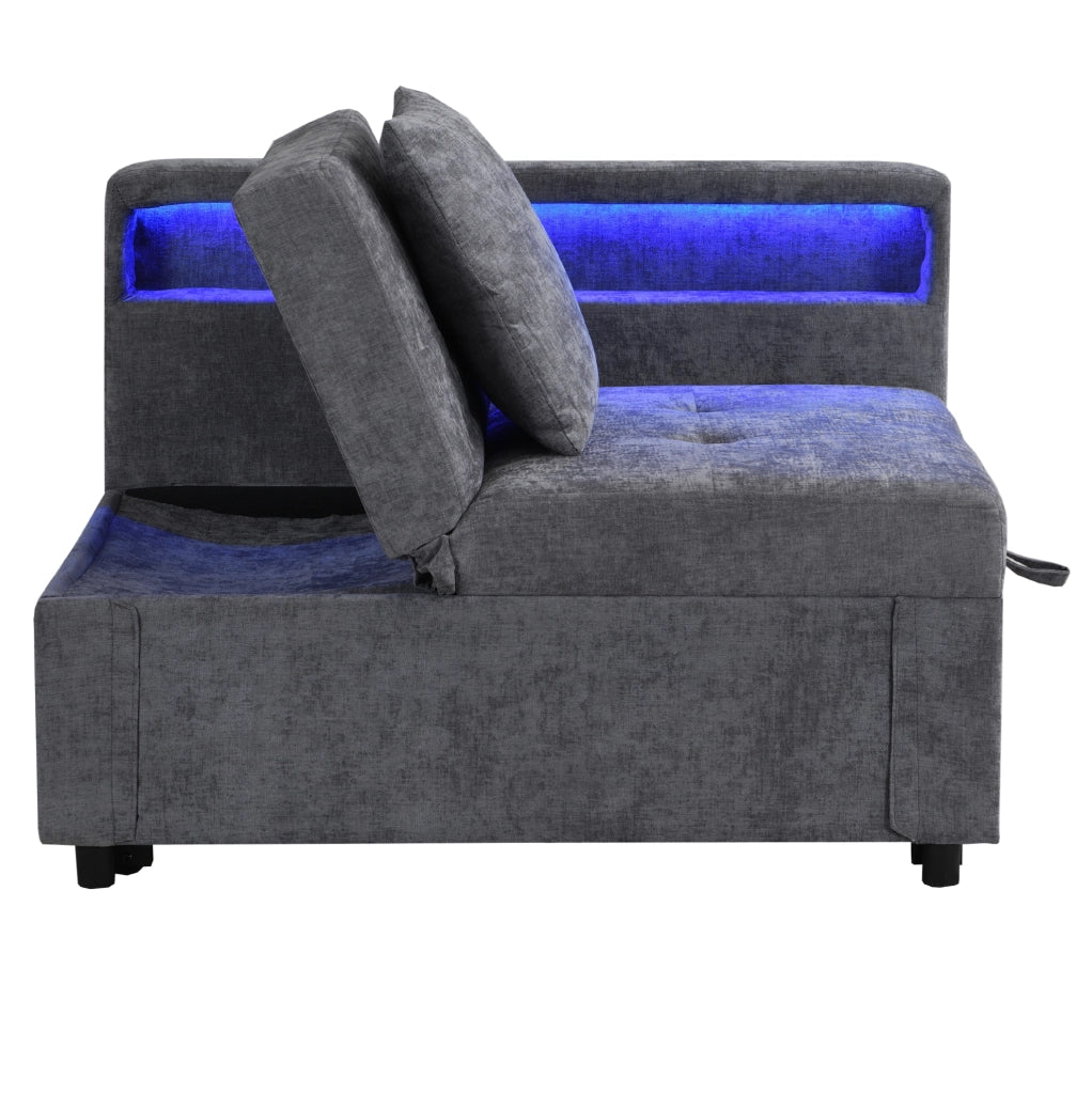 Divano letto 3 in 1 con schienale reclinabile; USB e LED; in lino; grigio chiaro