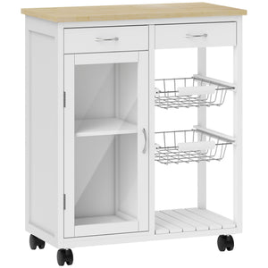 Carrello da Cucina 67x35x80 cm con 2 Cassetti Armadietto Ripiano e 2 Cestini in Acciaio e Bambù Bianco