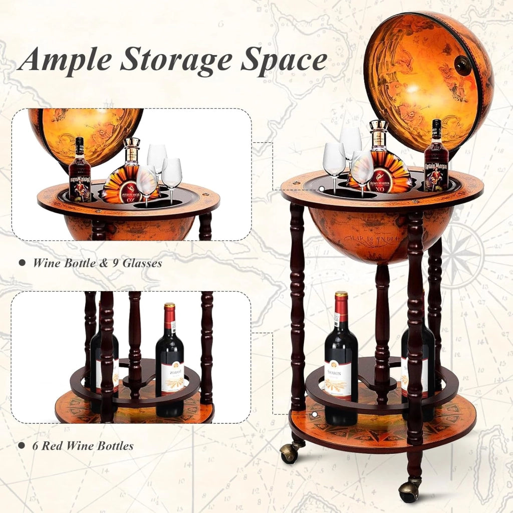 Porta Bottiglie di Vino con Ruote, Mappamondo Bar, Portabottiglie Vino in Legno Eucalipto, Carrello da Bar, Mini Bar con Ruote a Stile Classico (45 x 45 x 88 cm, marrone)