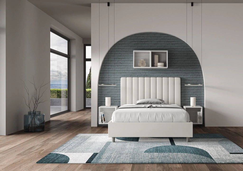 Letto matrimoniale francese contenitore imbottito 140x190 similpelle bianco Agueda