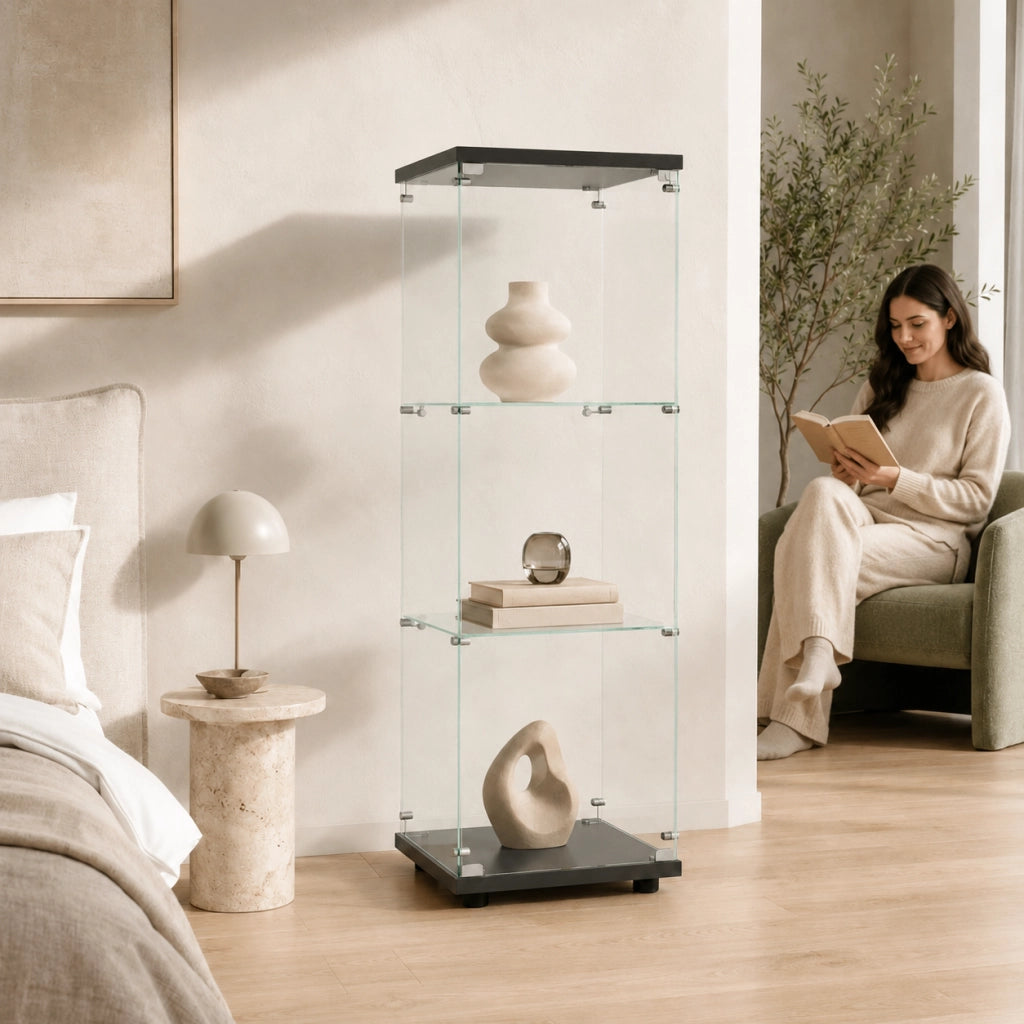 Vetrina espositiva in vetro con serratura, struttura nera, 42,4x36,3x125,2cm, mobile espositore per collezioni e modellini