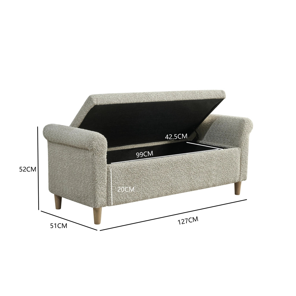 Pouf contenitore con coperchio sollevabile e struttura in legno stile scandinavo per salotto e camera da letto cammello