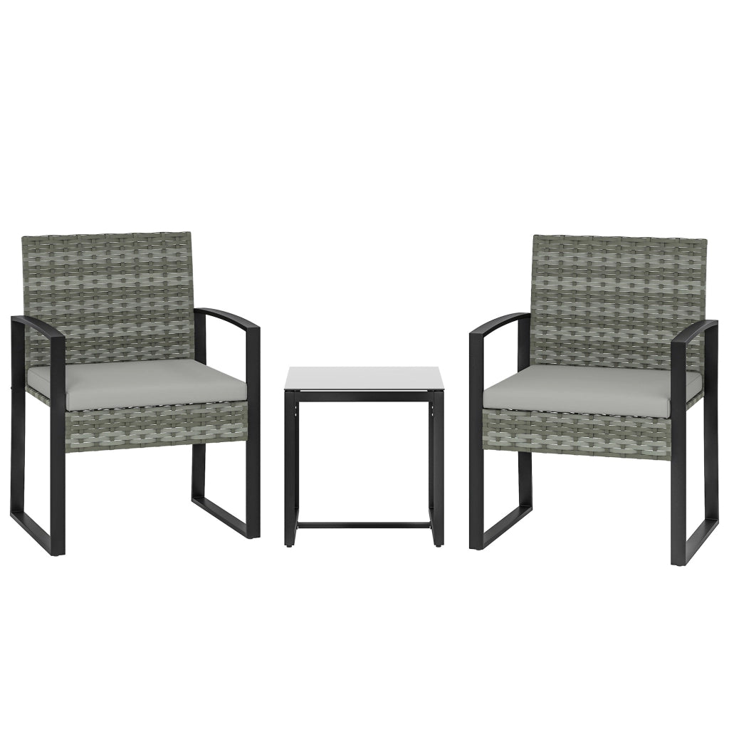 Set bistrot in rattan a 3 pezzi: 2 poltrone da giardino + tavolino da caffè; cuscini rimovibili; grigio chiaro