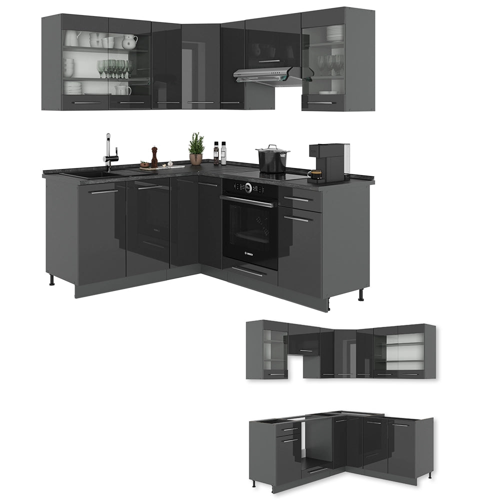 Vicco Cucina angolare completa Antracite lucido 190 x 46 cm senza piano di lavoro