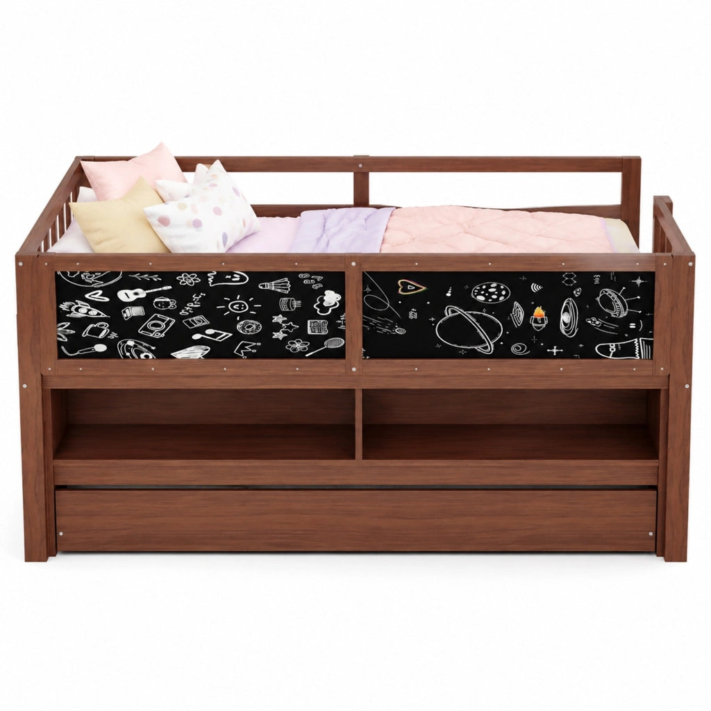 Letto per bambini 90x200 cm con letto estraibile; lavagna e ripiani aperti marrone