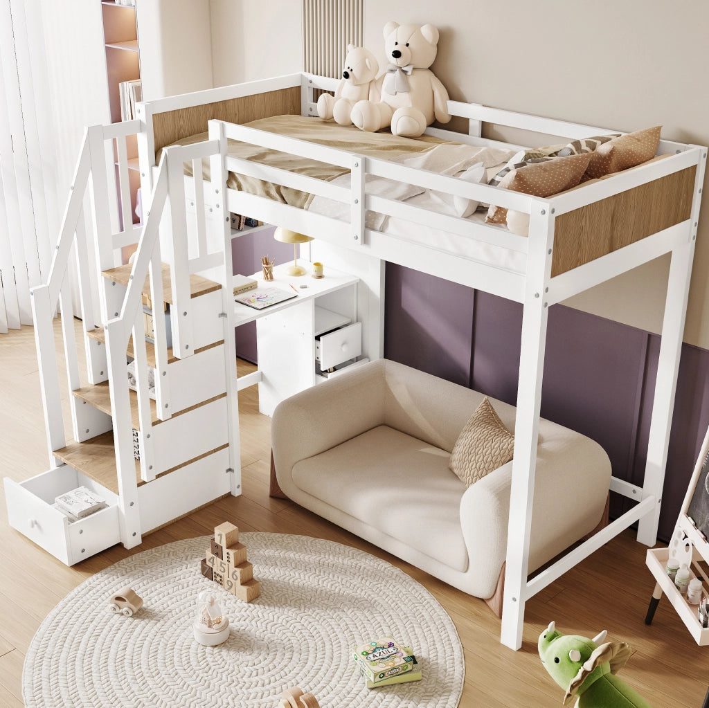 Letto a castello per bambini 90x200 cm con scrivania; scala contenitore e 3 cassetti; bianco/naturale