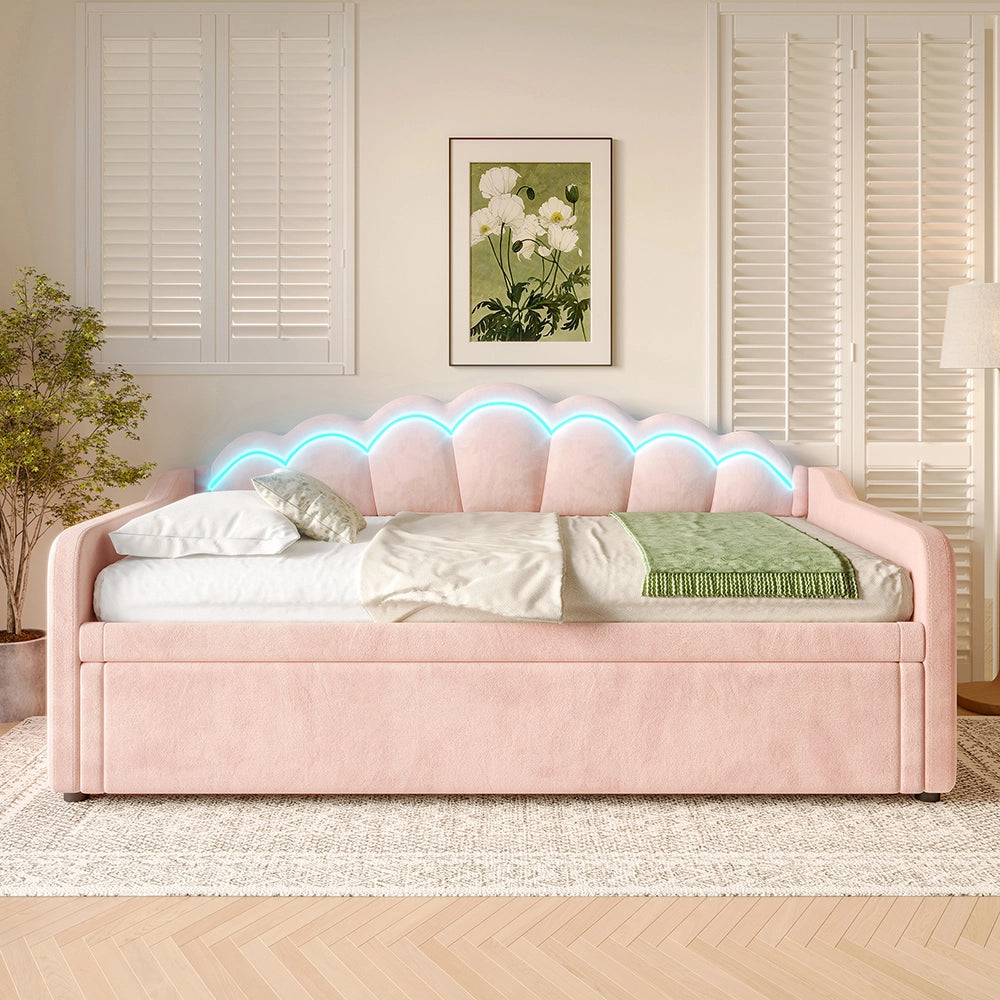 Letto giorno estraibile 90/180x200cm - Xylo - rosa, LED RGB, velluto