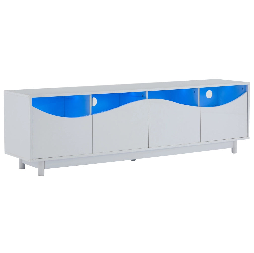 Mobile TV curvo 175x38x51 cm in MDF bianco lucido con LED e vetro temperato