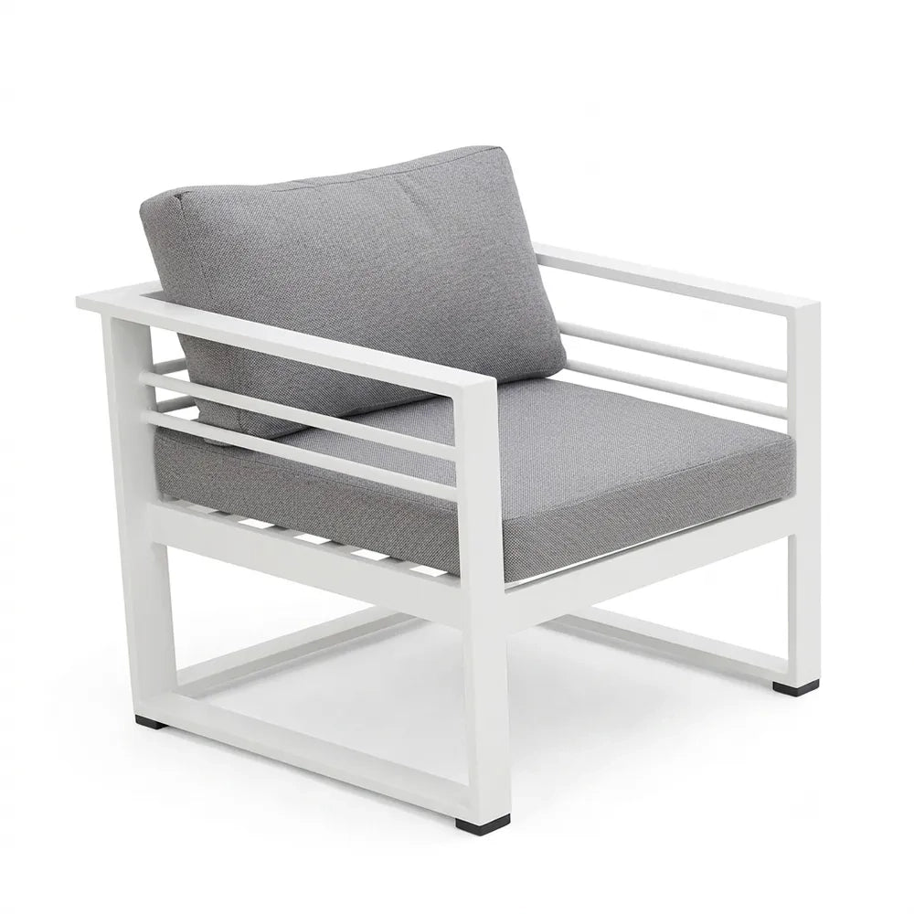 Salottino 2 posti LEROS in alluminio colore bianco tessuto grigio chiaro per spazi aperti con cuscineria sfoderabile.