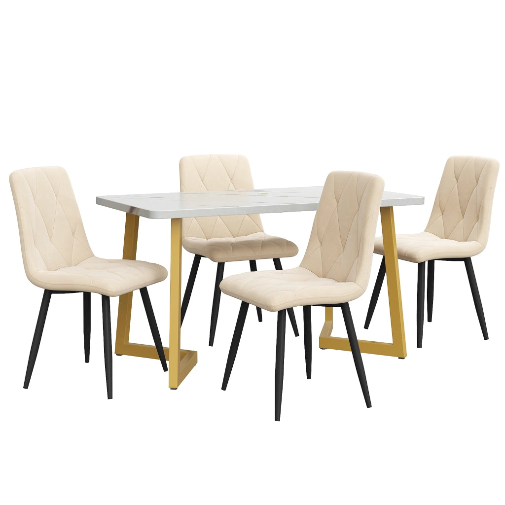 Set Tavolo da Pranzo con 4 Sedie Imbottite ¨C Xylo ¨C Velluto Beige, Gambe Dorate, 117x68 cm