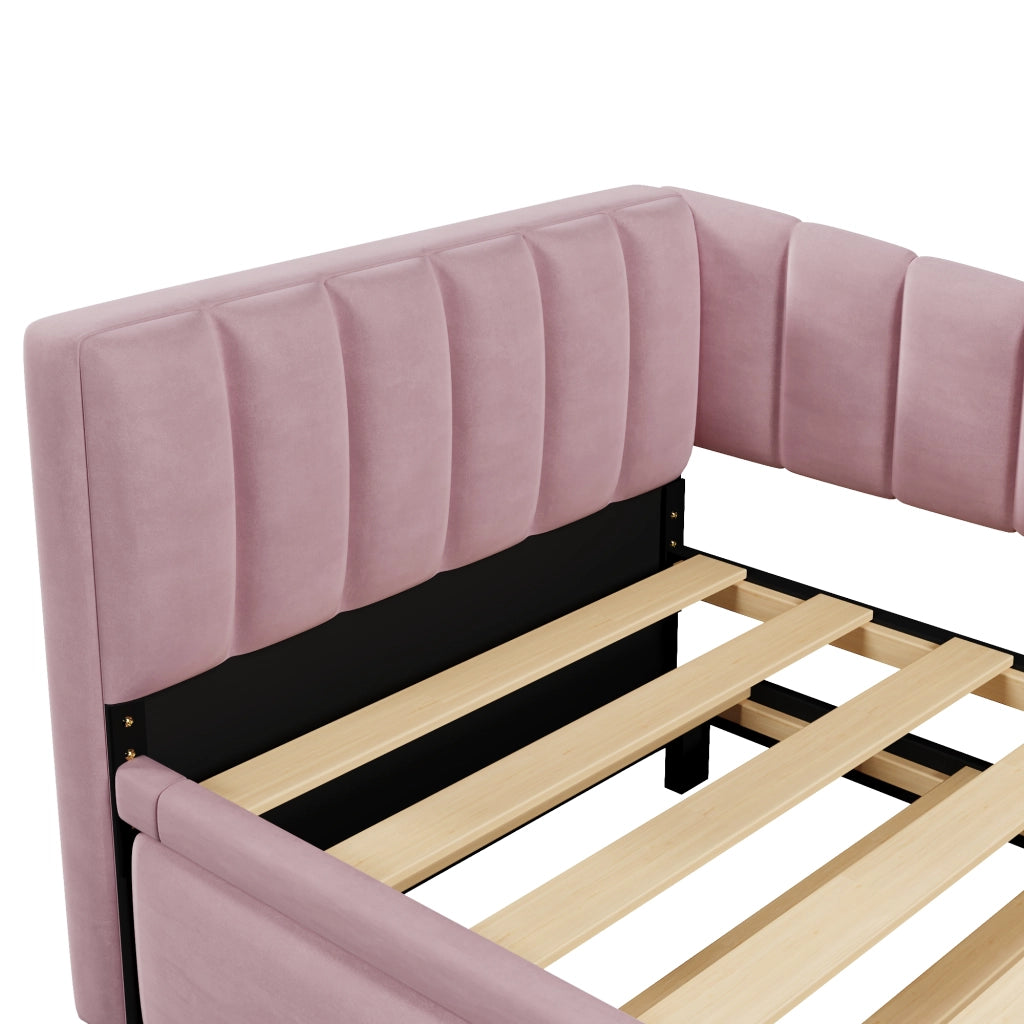Letto estraibile singolo 90×200 cm e 90×190 cm in velluto con letto inferiore; senza materasso; rosa