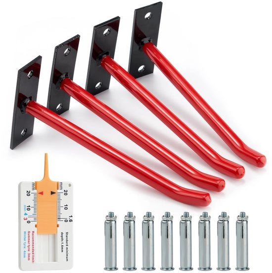 Pacco di 4 bandenrek, bandenrek robusto, attacco a muro, gancio per garage, duraturo per l'organizzazione della garage, ruote per pneumatici, scale e altro - Rosso