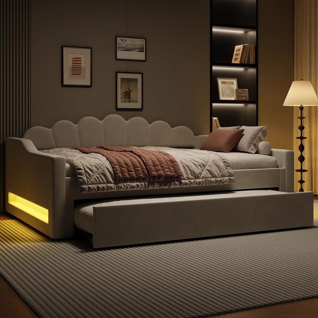 Letto imbottito 140x200 cm con LED laterali e letto estraibile beige