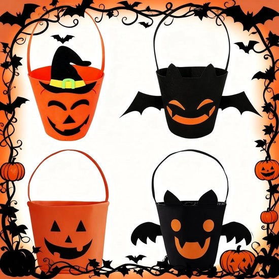 Set di contenitori per dolci Halloween - 4 pezzi - Felpa - Disegno zucca/vampiro - Maniglie portatili - Riciclabile - Grande spazio interno - Sacchetto per dolci