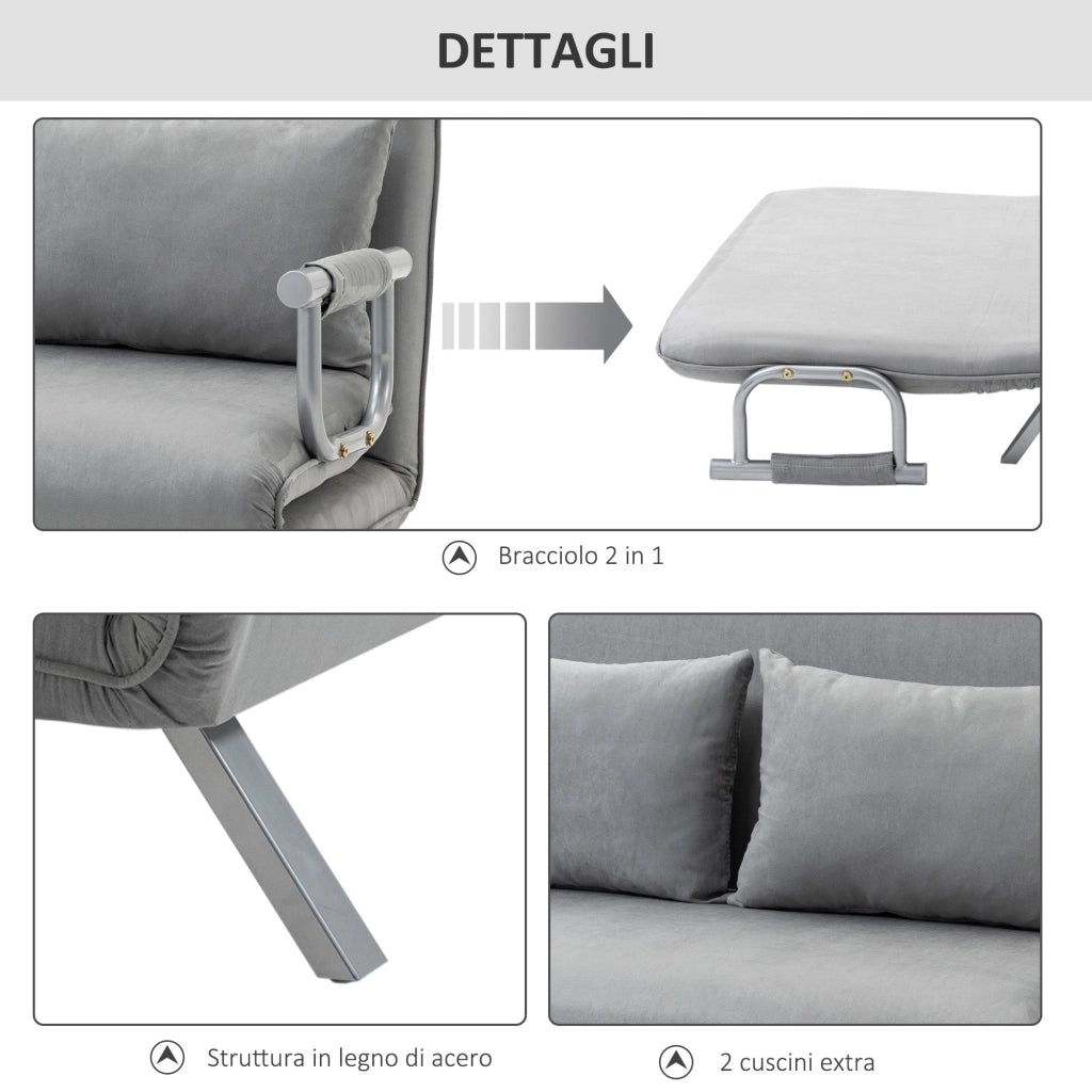 Divano Letto Singolo con Seduta Regolabile in 5 Posizioni 105x80x78 cm in Finta Pelle Grigio Chiaro