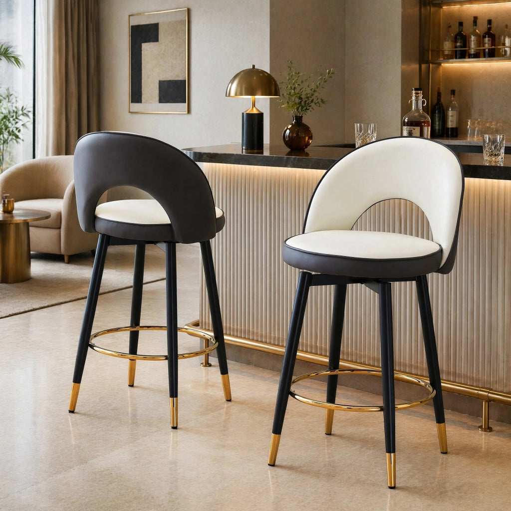 SGABELLO ALTO girevole 360° in PU e metallo, seduta bicolore grigio scuro/bianco