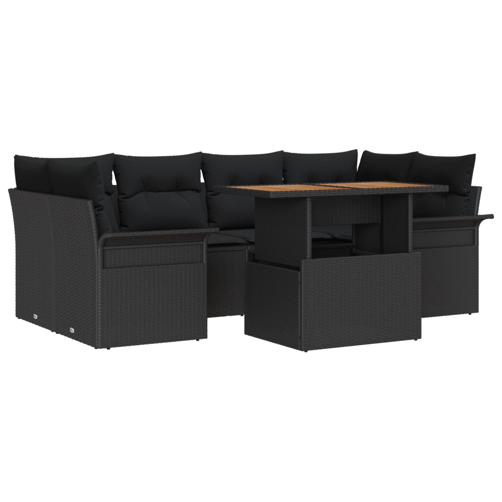Set di Divani da Giardino a 7 Pezzi con Cuscini Nero in Rattan Polietilene Acacia