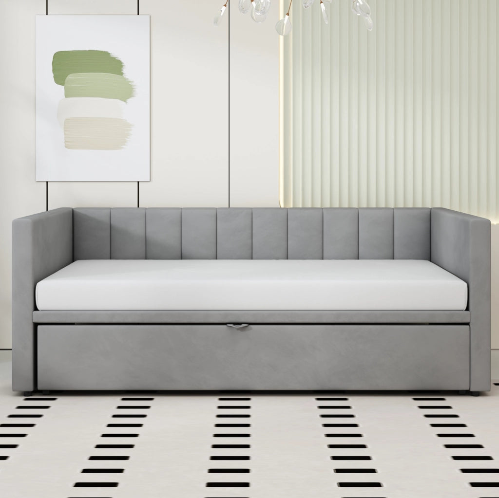 Divano letto imbottito estraibile 90x200 cm; trasformabile in 180x200 cm; in velluto grigio