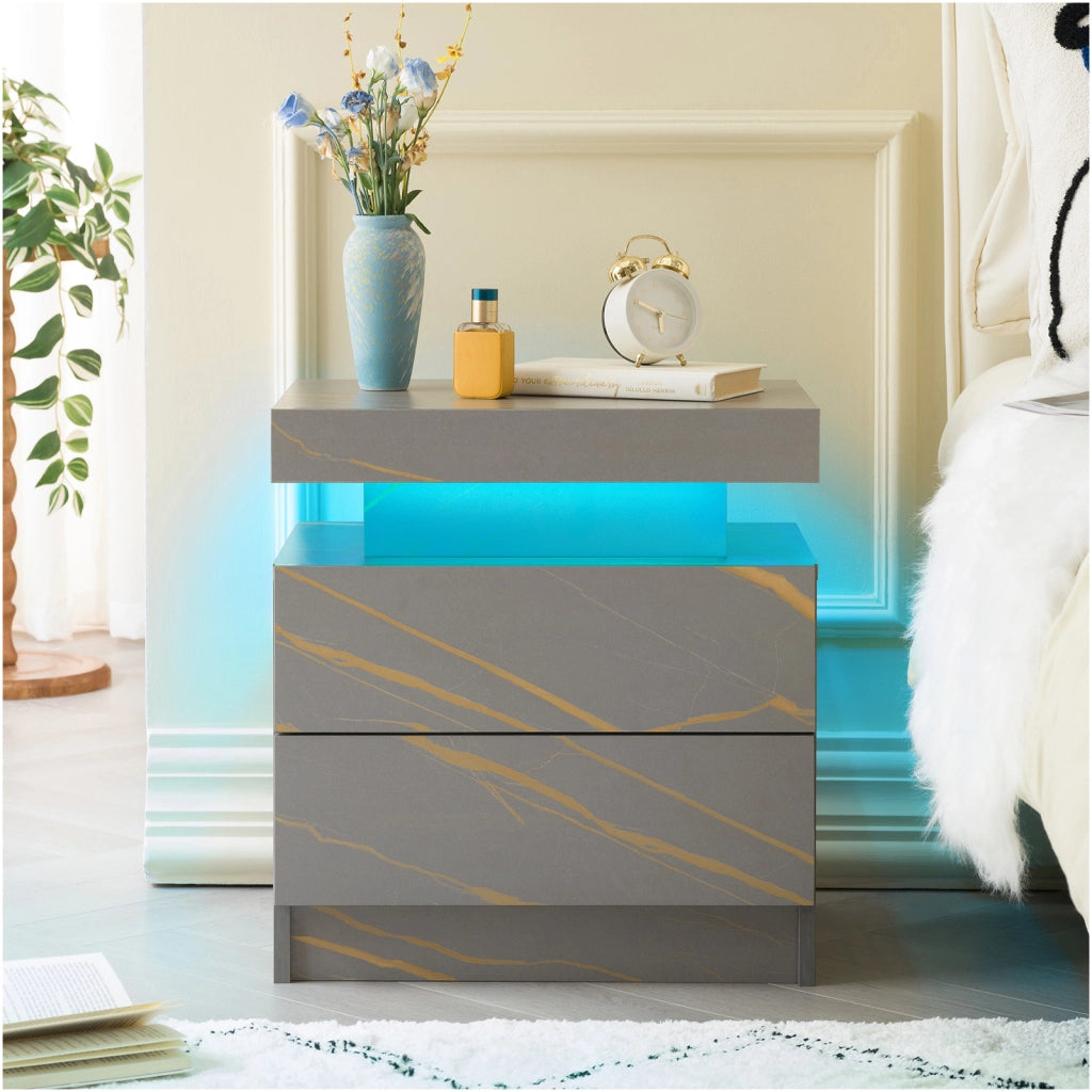 Comodino con LED e 2 cassetti con vano aperto per camera da letto e soggiorno, 59 × 45 × 20 cm, in legno ingegnerizzato, grigio e oro