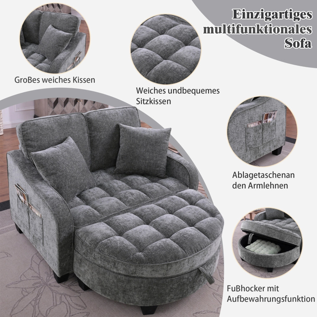 Divano letto 2 in 1 con pouf contenitore; Divano convertibile; in tessuto traspirante; legno di eucalipto; grigio scuro