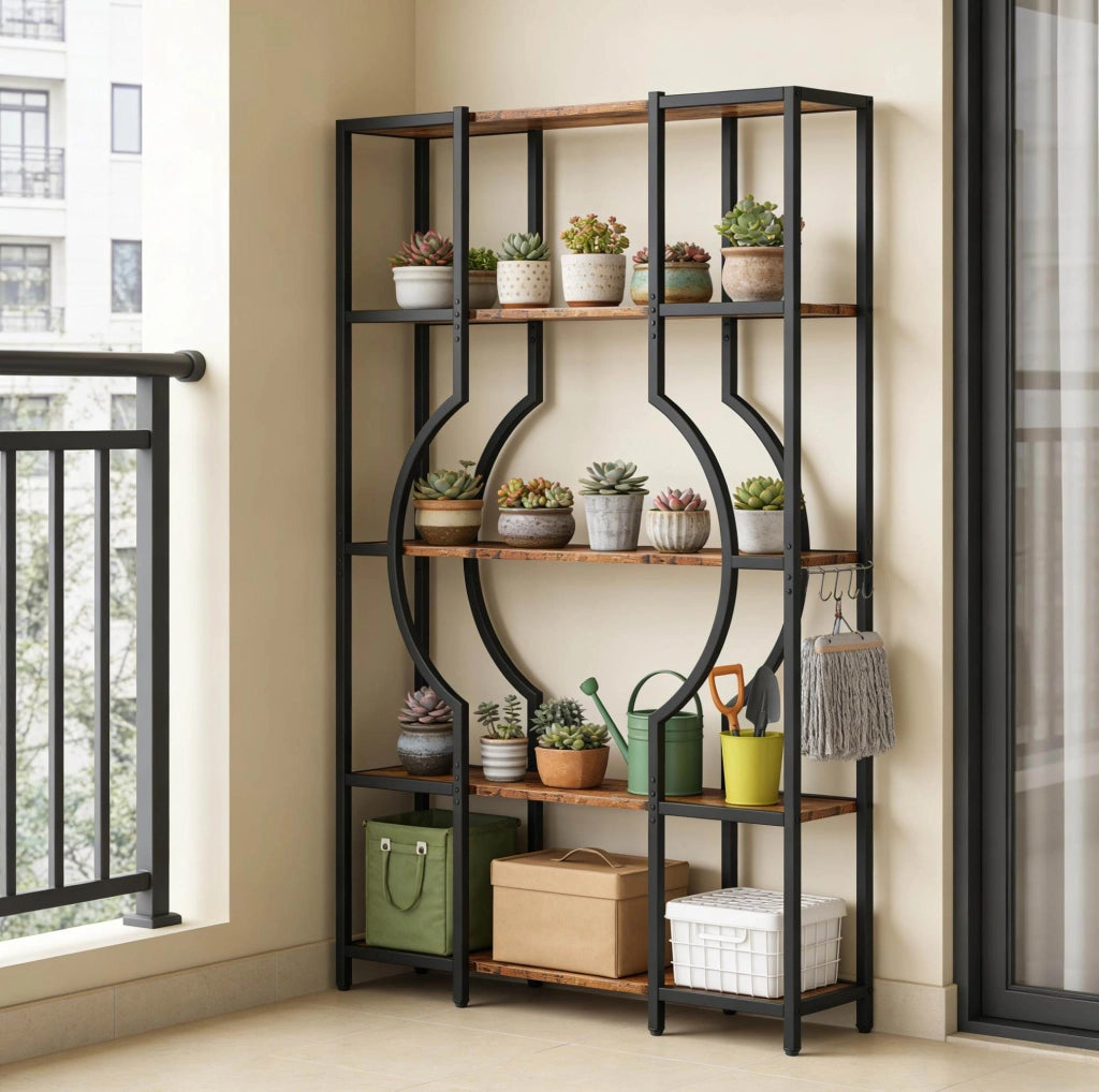 Libreria a 5 ripiani in metallo nero e MDF marrone rustico