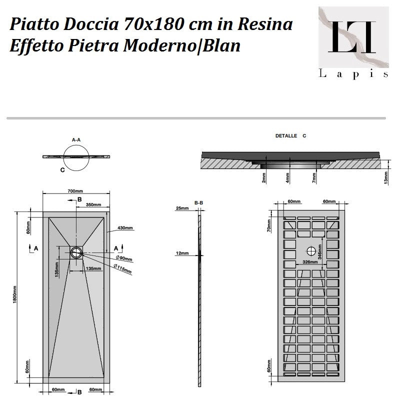 Piatto Doccia 70x180 cm Bianco in Resina Effetto Pietra Moderno|