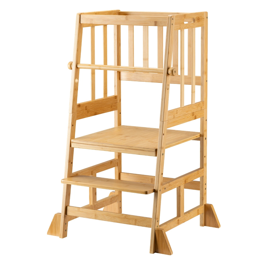 Torre di apprendimento per bambini 57 x 46 x 90 cm in bambù, torretta con ringhiera, sgabello per bambini con barra di protezione