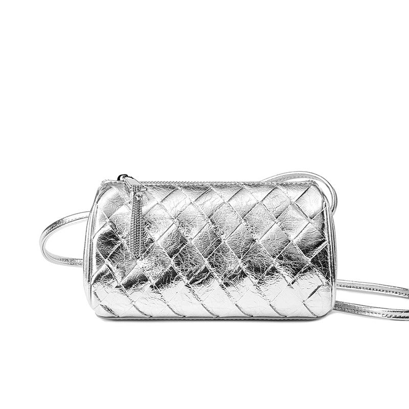 Borsa a tracolla piccola e alla moda da donna in vera pelle, modello Hobo, colore argento.
