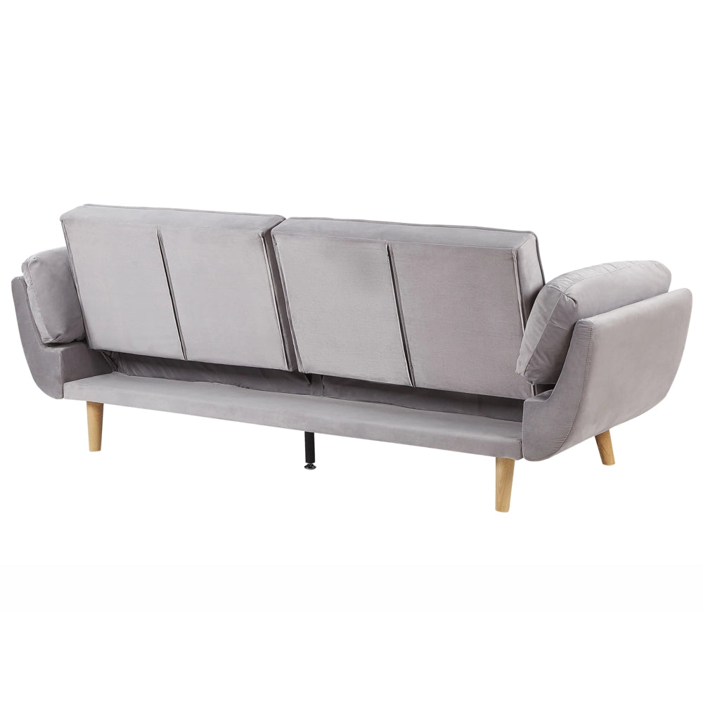 Divano Letto Tessuto Velluto Grigio Chiaro Gambe In Legno A 3 Posti Imbottitura In Schiuma Imbottitura Biscuit Schienale Diviso