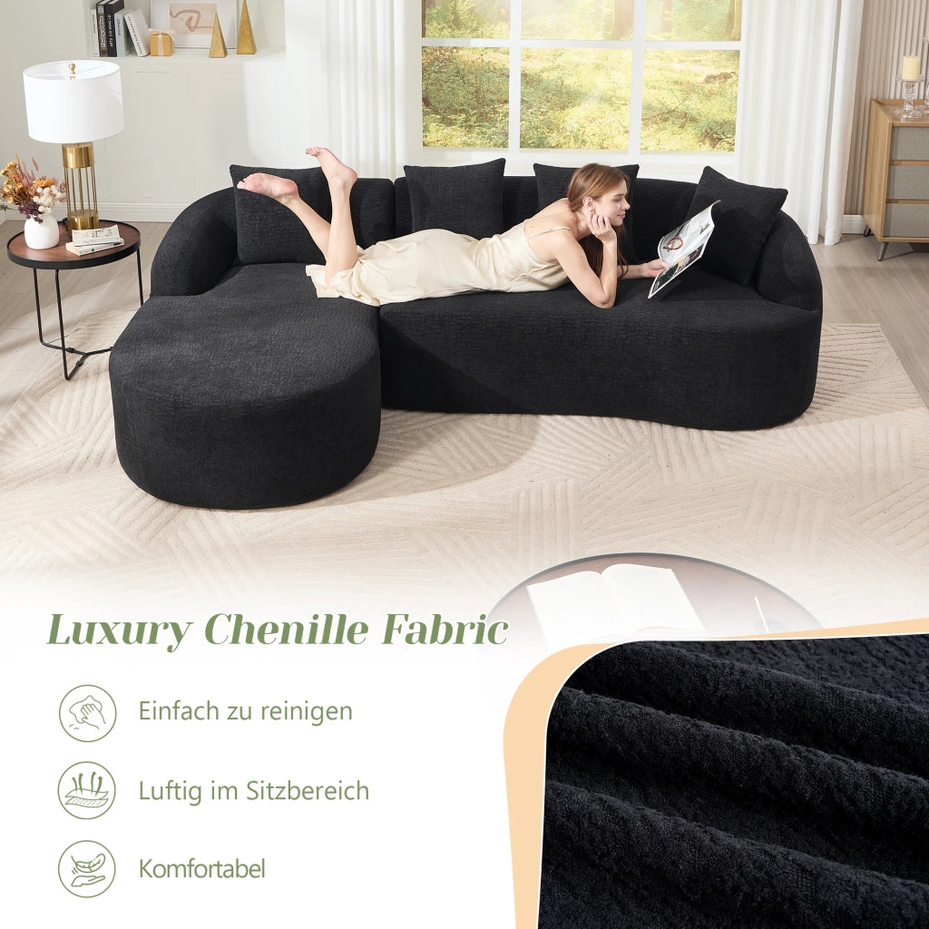 Divano modulare angolare 3 posti con chaise longue sinistra design curvo montaggio senza attrezzi in chenille nero