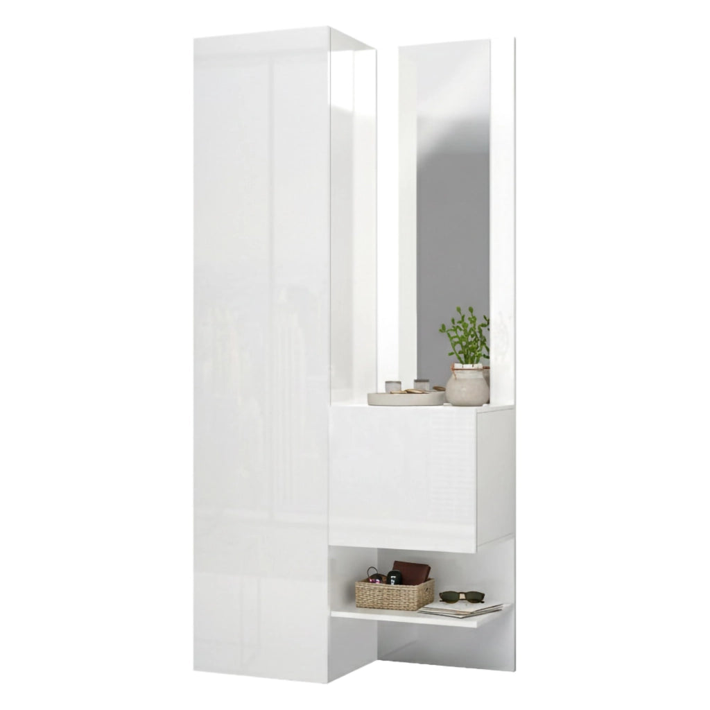 Mobile da ingresso Bauladu, Armadietto multifunzione a 2 ante, Mobile multiuso con specchio, 90x35h190 cm, Bianco