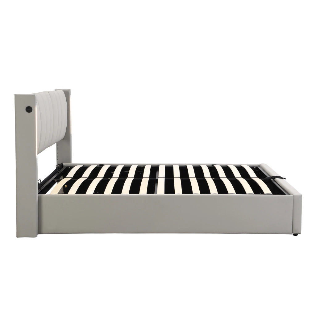 Letto imbottito 140x190 cm con LED; USB Type-C; testiera regolabile; PU grigio