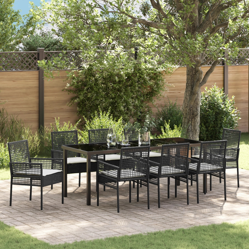Set da Pranzo Giardino 9 Pezzi con Cuscini Nero Rattan