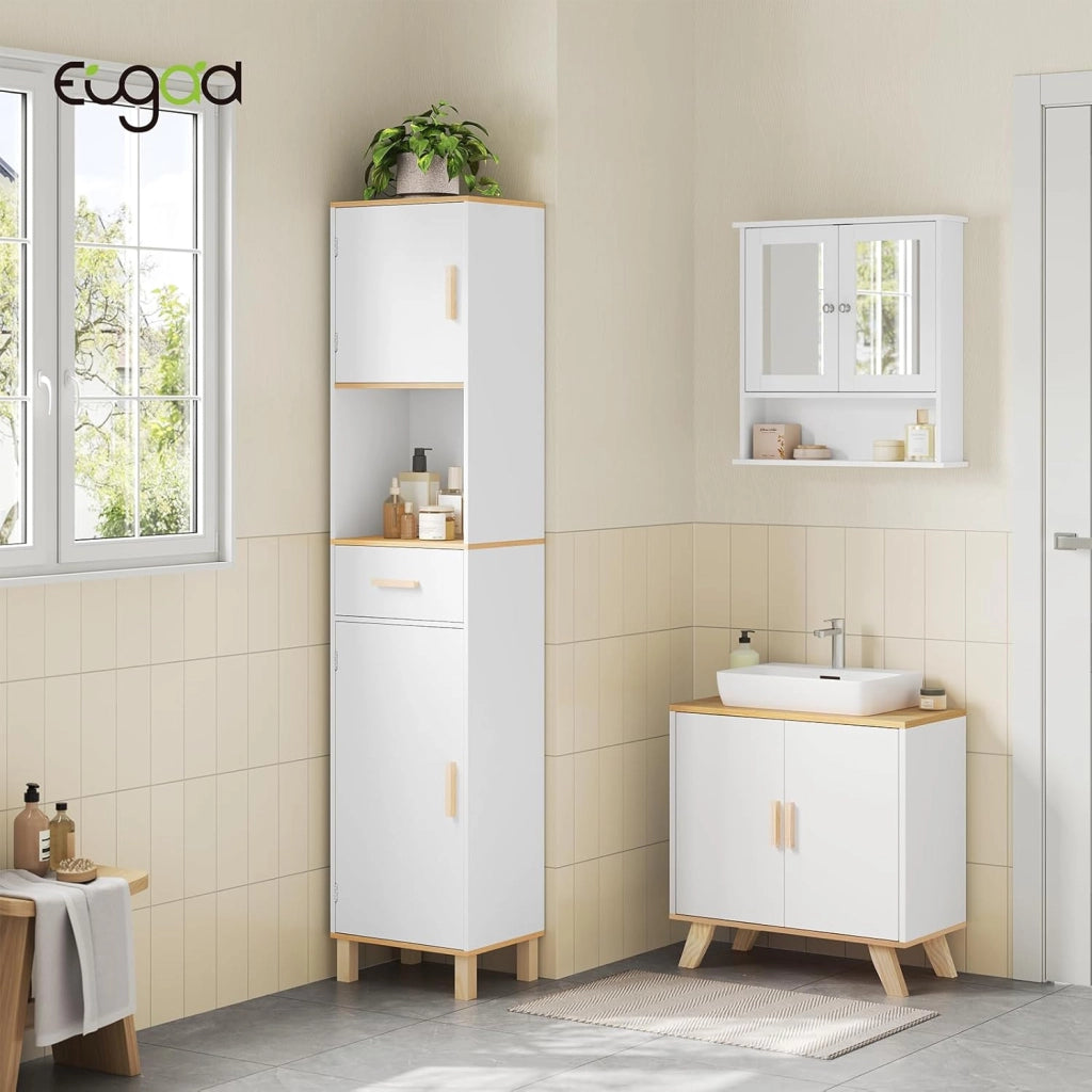 Mobile da Bagno Alto e Stretto, Armadio a Colonna da Bagno Salvaspazio in Legno MDF Mobiletto, Mobile Multiuso con 2 Ante, 1 Cassetto e 1 Vano Aperto, Bianco, 40x30x180cm