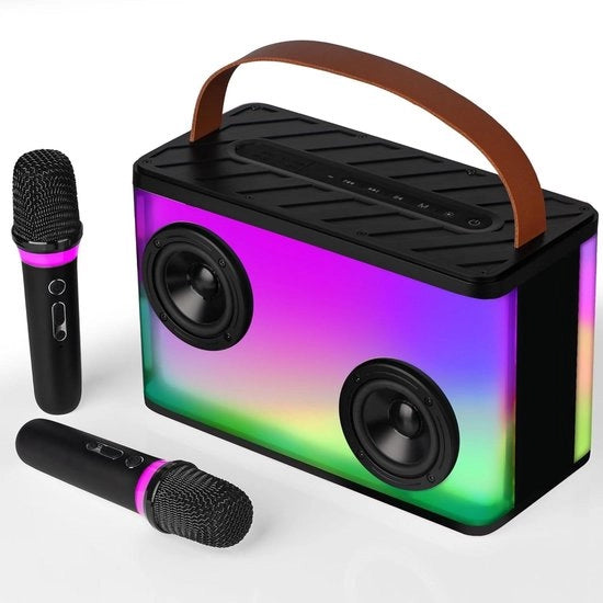 Impianto Karaoke Portatile per Adulti con Box Altoparlante Bluetooth con 2 Microfoni e Illuminazione - Festa a Casa Pic nic Esterno Nero