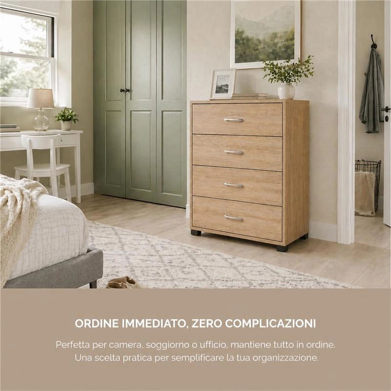 CASSETTIERA IN LEGNO CON QUATTRO CASSETTI COLORE ROVERE DIMENSIONI 68X40X82,5 CM