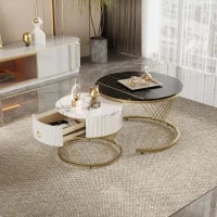 Tavolini Rotondi Modulari in Marmo Sintetico, con Dettagli Dorati e Cassetto, Dimensioni 70x70x45 cm e 50x50x40 cm, Nero e Bianco