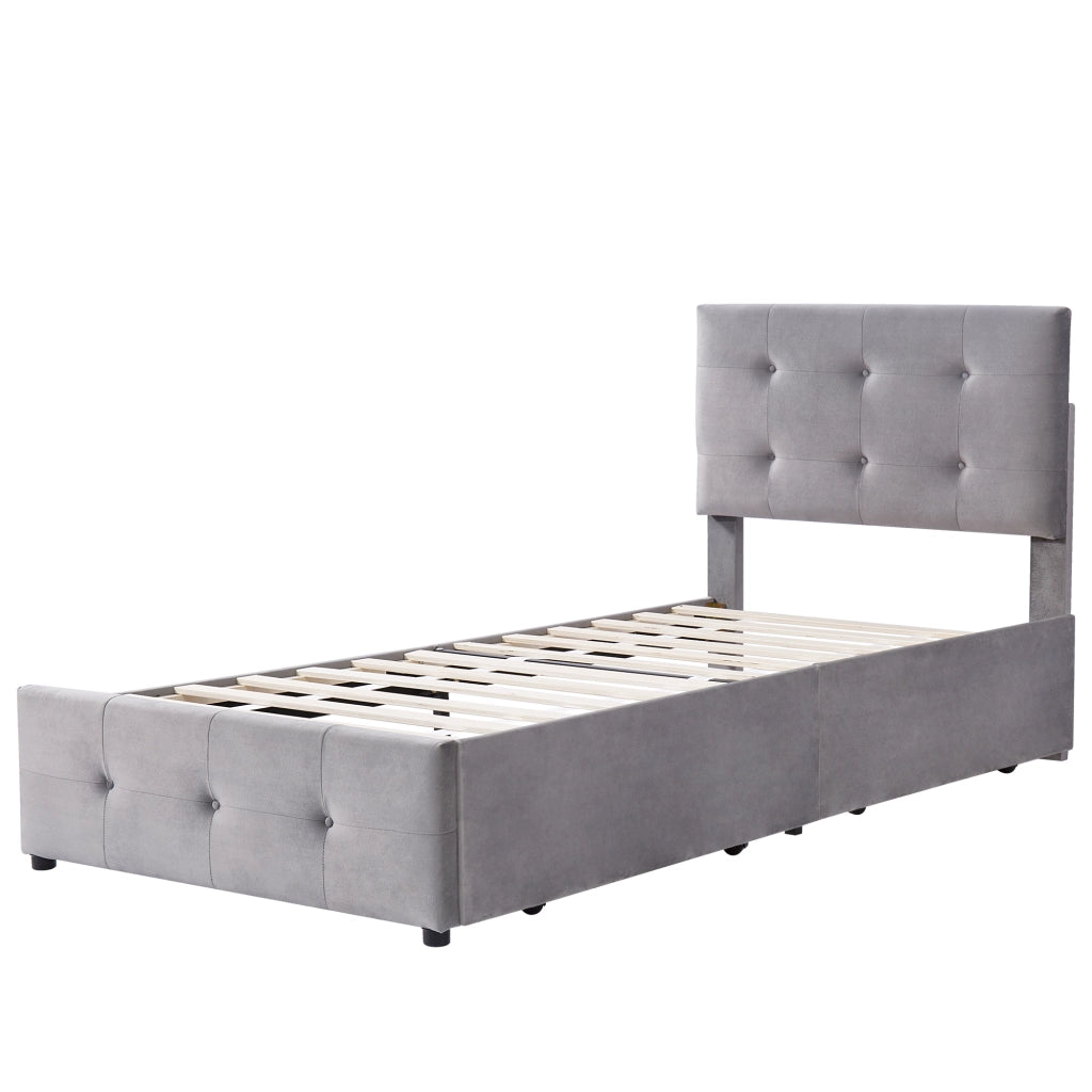 OKWISH Letto con Cassetto 90×200 cm, Letto Singolo con Cassetto, Testiera Regolabile e Rivestimento in Velluto, senza Materasso, Grigio