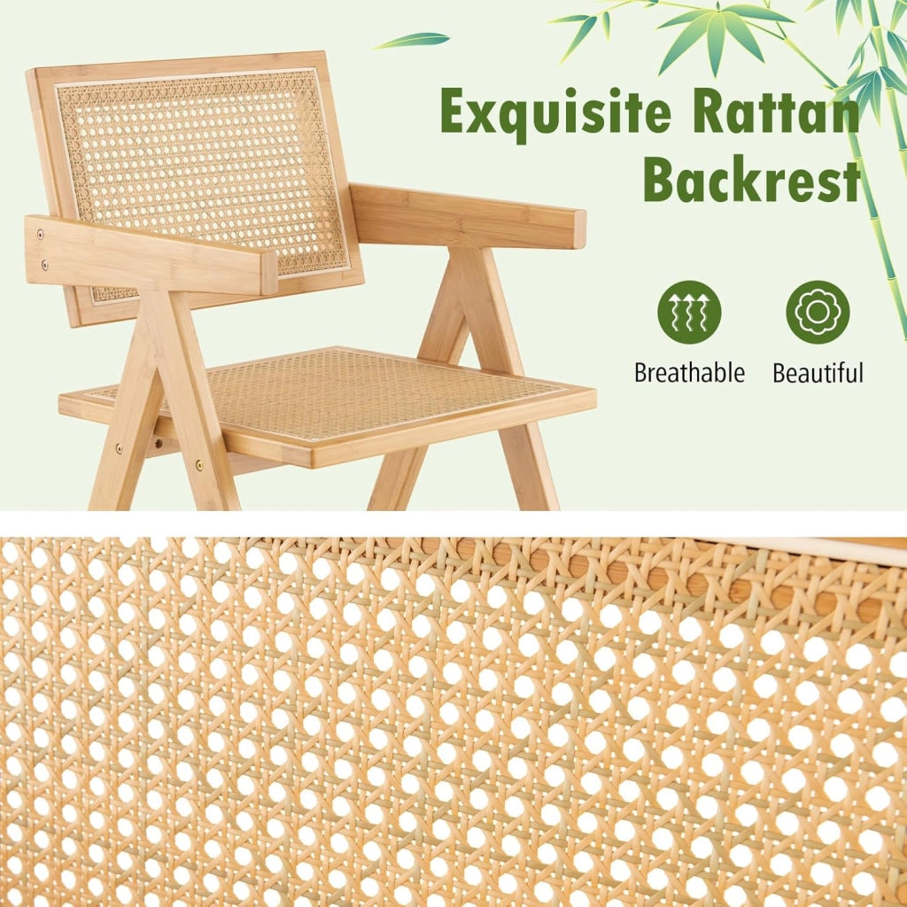 Set Sedie da Pranzo a 2 Pezzi, Schienale e Seduta in Finto Rattan Intrecciato, Sedie da Cucina di Bambù con Braccioli, Sedie in Stile Minimalista per Soggiorno, Balcone e Caffè
