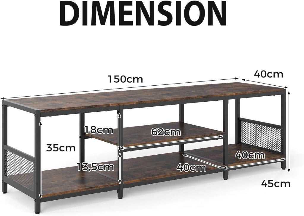 Mobile TV per TV fino a 65", Panca TV con 5 ripiani aperti, Tavolo TV con gambe regolabili, telaio in metallo, stile vintage, 150 x 40 x 45 cm, per soggiorno, camera da letto, ingresso