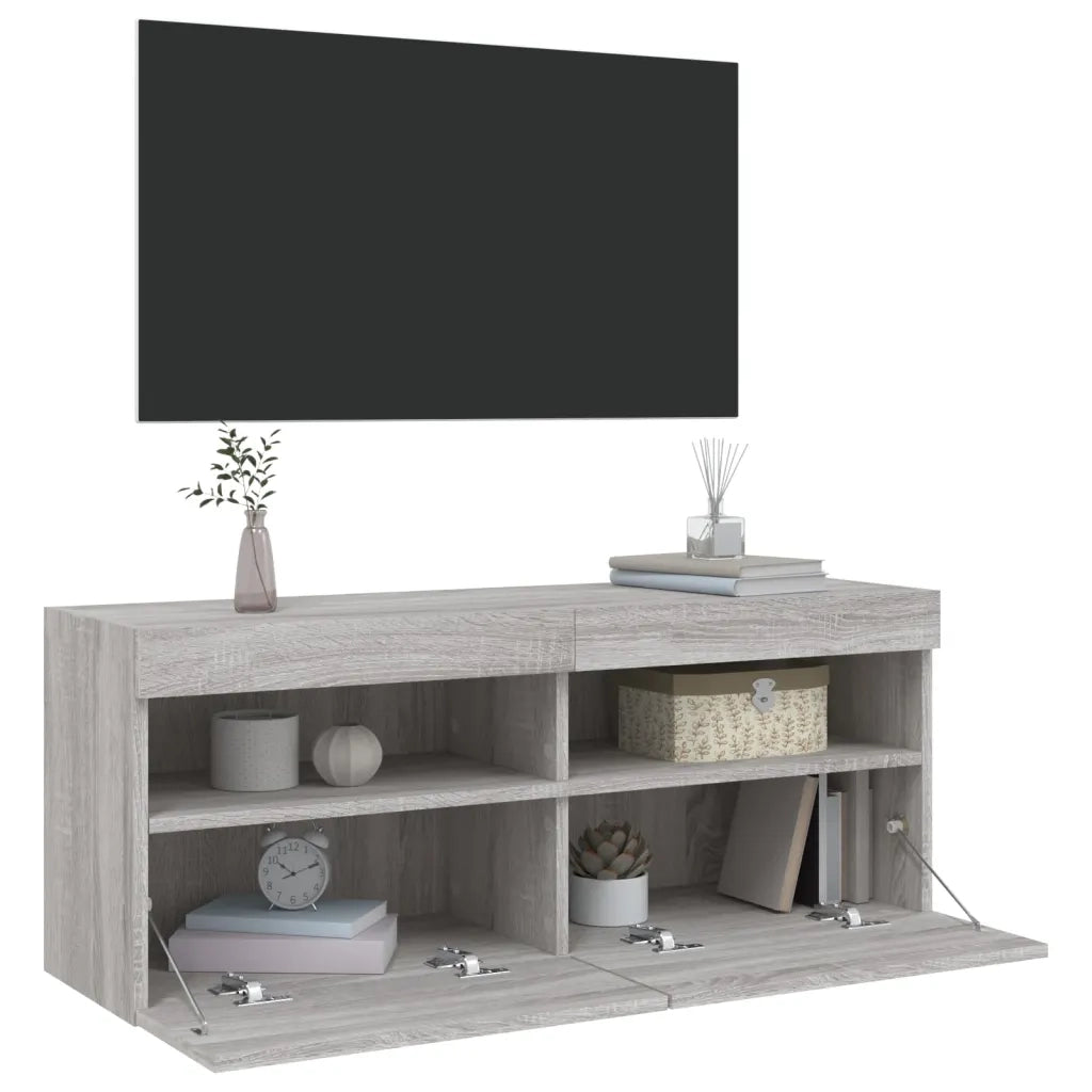 Mobile TV a Parete con Luci LED-Mobile TV a Muro Grigio Sonoma 100x30x40 cm
