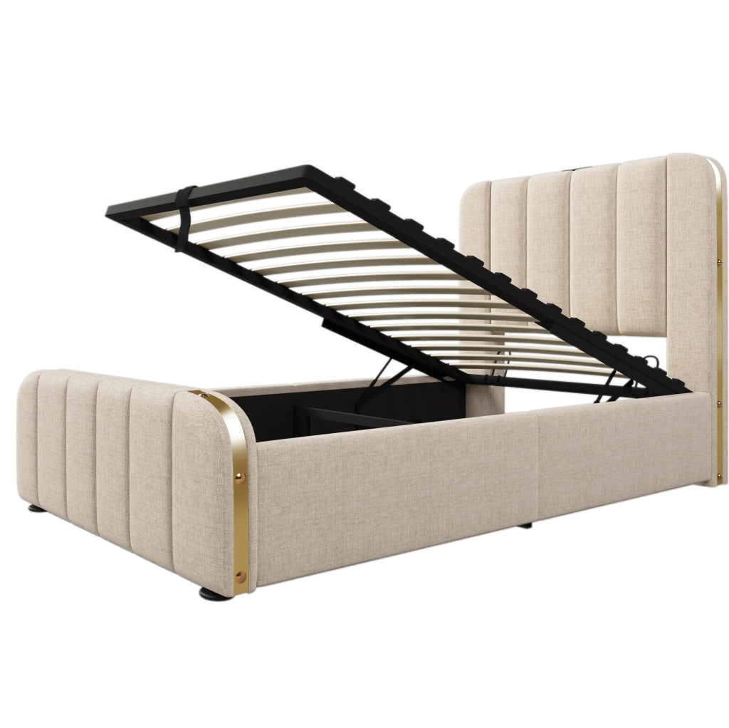 Letto 90x200 cm con contenitore idraulico, USB e USB-C in lino beige
