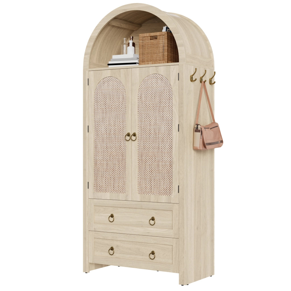 Credenza con 2 Cassetti; Ante in Rattan e Ganci Laterali; Stile Vintage; in MDF; Rovere; 80??40??180 cm