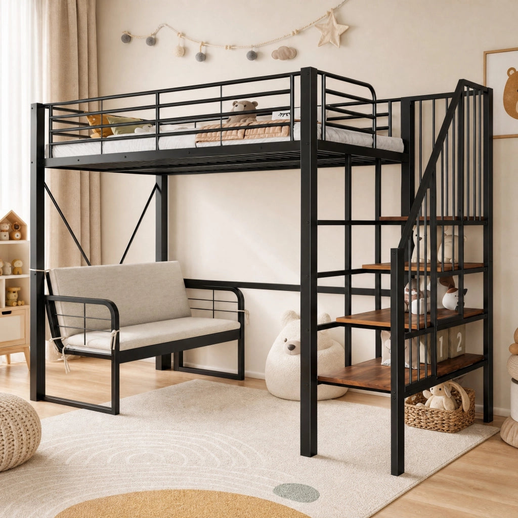 LETTO A CASTELLO 90x200 cm in metallo e MDF nero con divano imbottito rimovibile