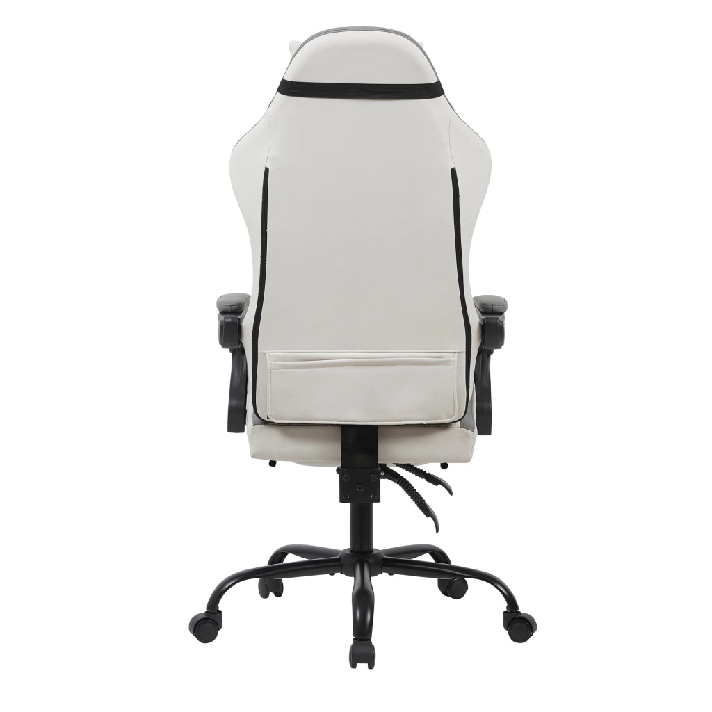 Sedia da gaming con schienale alto reclinabile e poggiapiedi, supporto lombare e braccioli imbottiti in PVC bianco e grigio